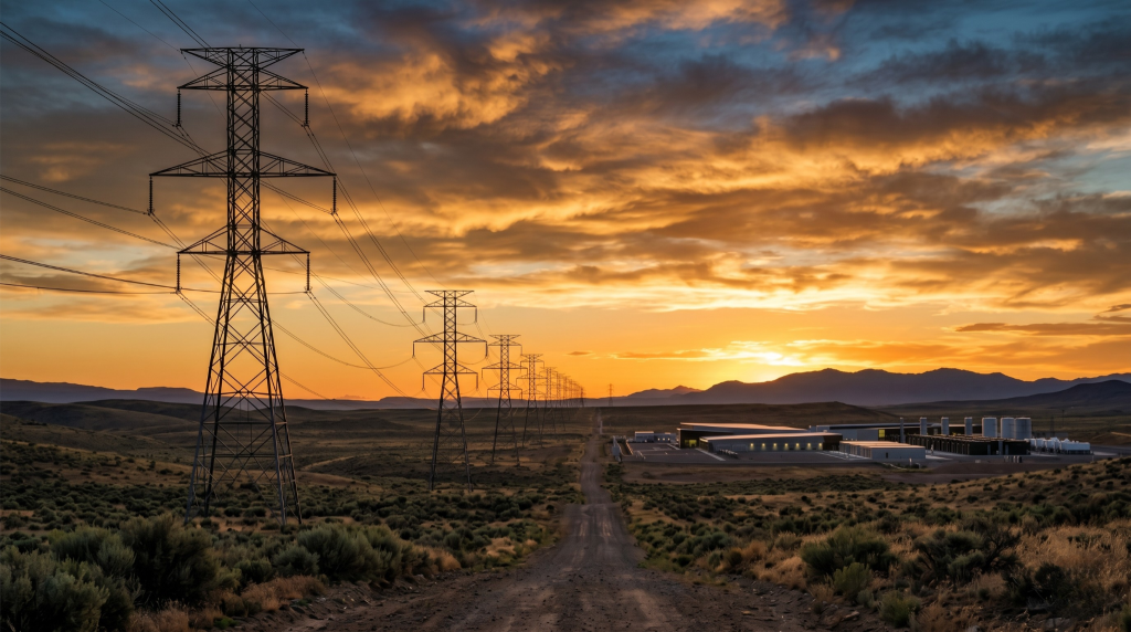 data center grid connection wait times - transmission towers at sunset with data center campus in background