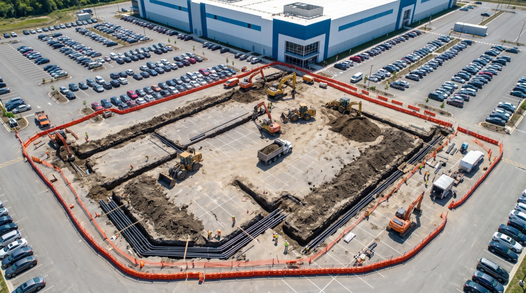 solar lighting vs grid-tied comparison - trenching for grid-tied lighting at a data center campus showing scale of underground electrical work